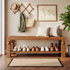 Solid Wood Entryway Bench, 47" Shoe Storage Bench with Shelf for Hallway