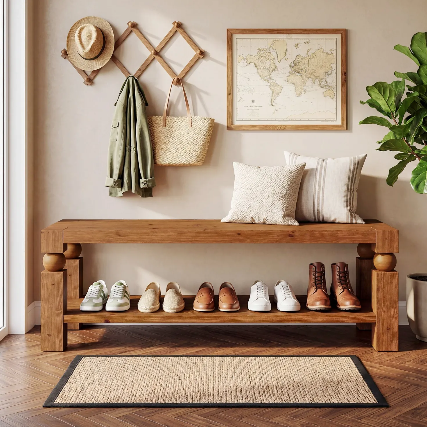 Solid Wood Entryway Bench, 47" Shoe Storage Bench with Shelf for Hallway