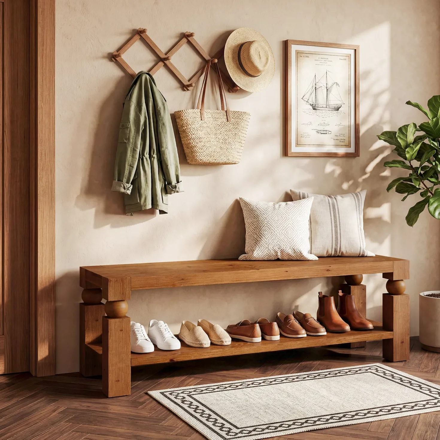Solid Wood Entryway Bench, 47" Shoe Storage Bench with Shelf for Hallway
