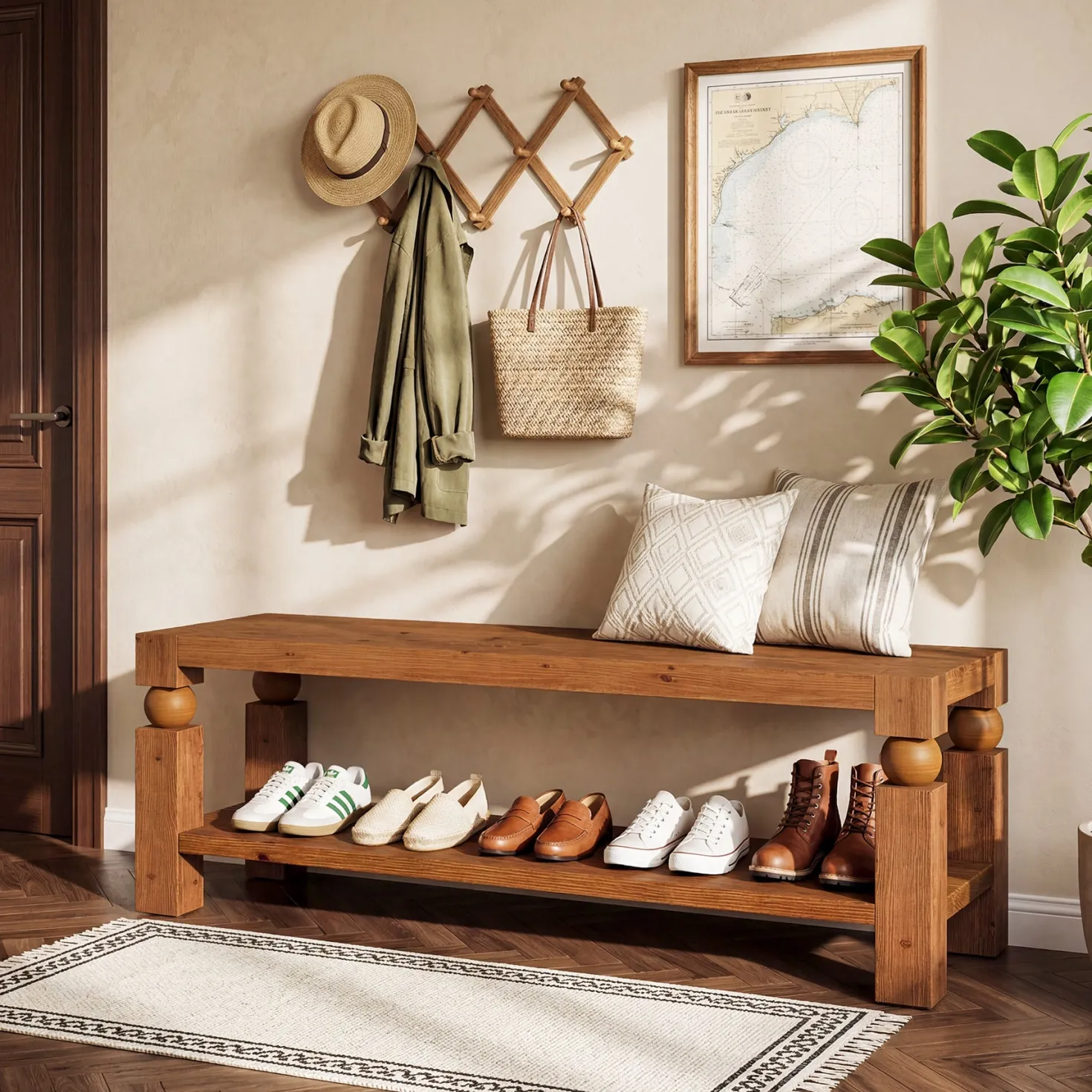 Solid Wood Entryway Bench, 47" Shoe Storage Bench with Shelf for Hallway