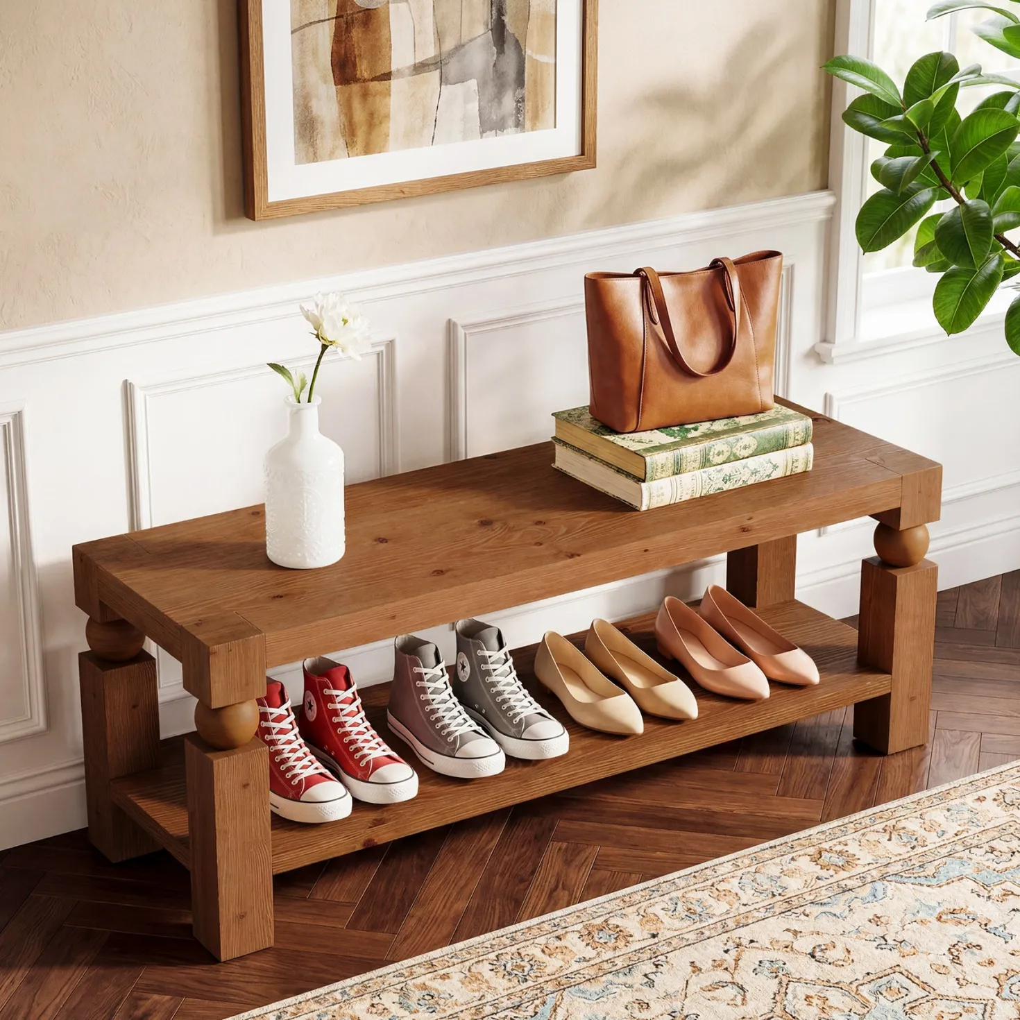 Solid Wood Entryway Bench, 47" Shoe Storage Bench with Shelf for Hallway