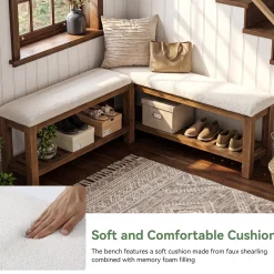 Solid Wood Entryway Bench Set, 55" L-Shaped Shoe Bench with Storage Shelf