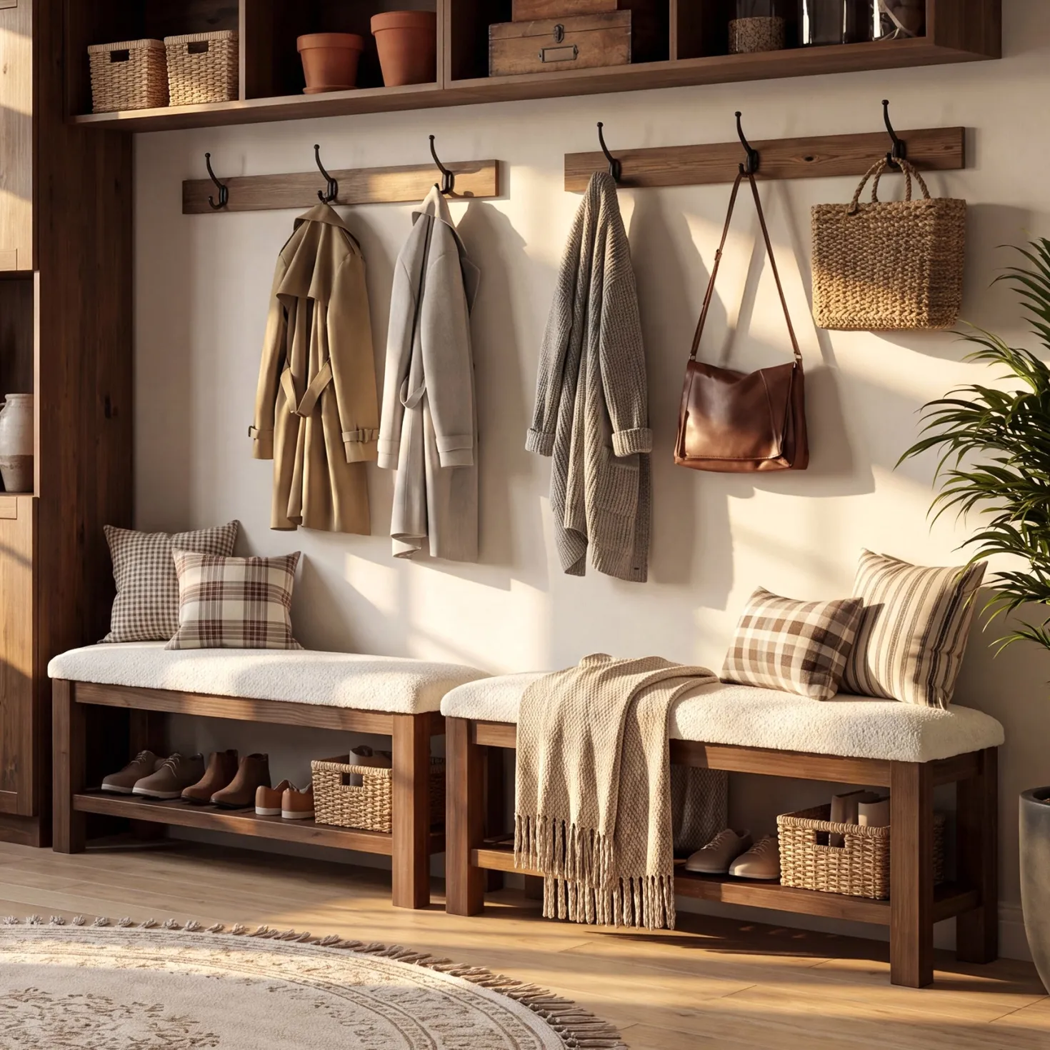 Solid Wood Entryway Bench Set, 55" L-Shaped Shoe Bench with Storage Shelf