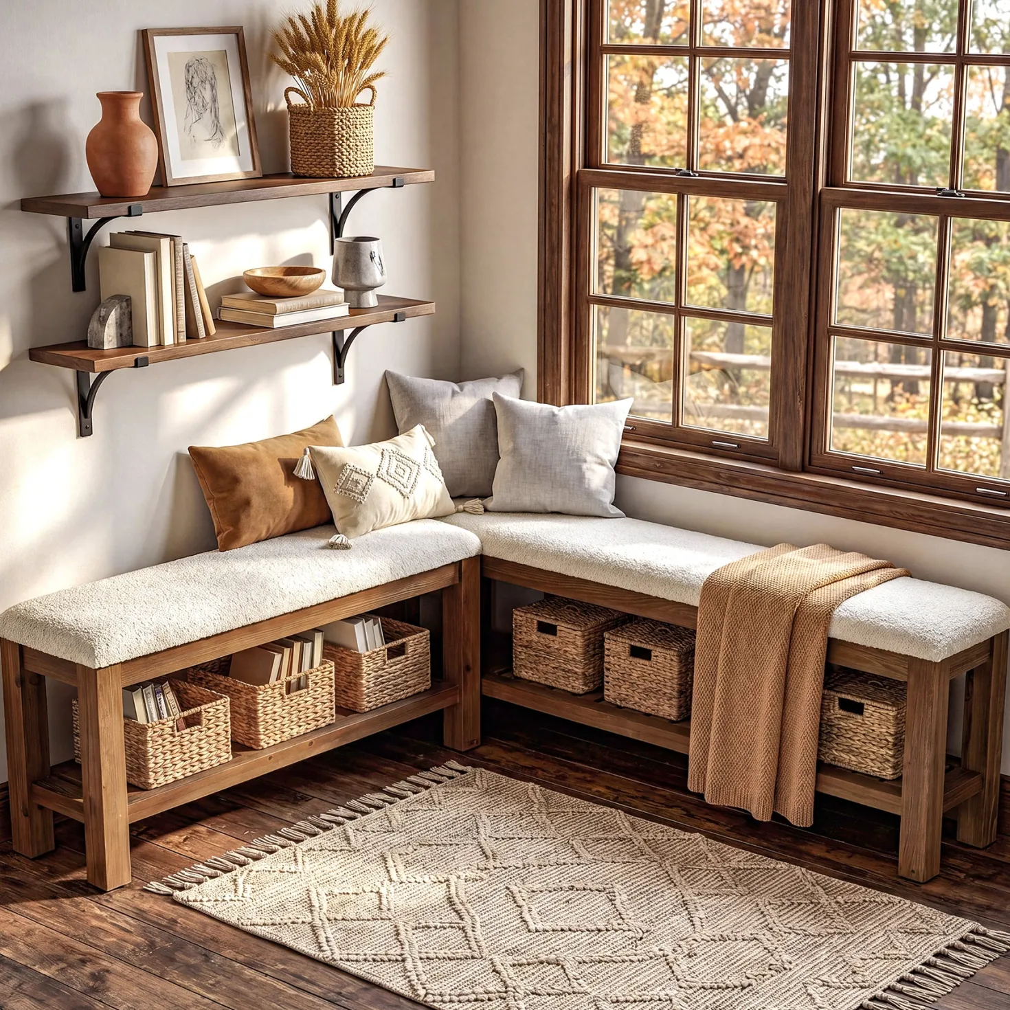 Solid Wood Entryway Bench Set, 55" L-Shaped Shoe Bench with Storage Shelf