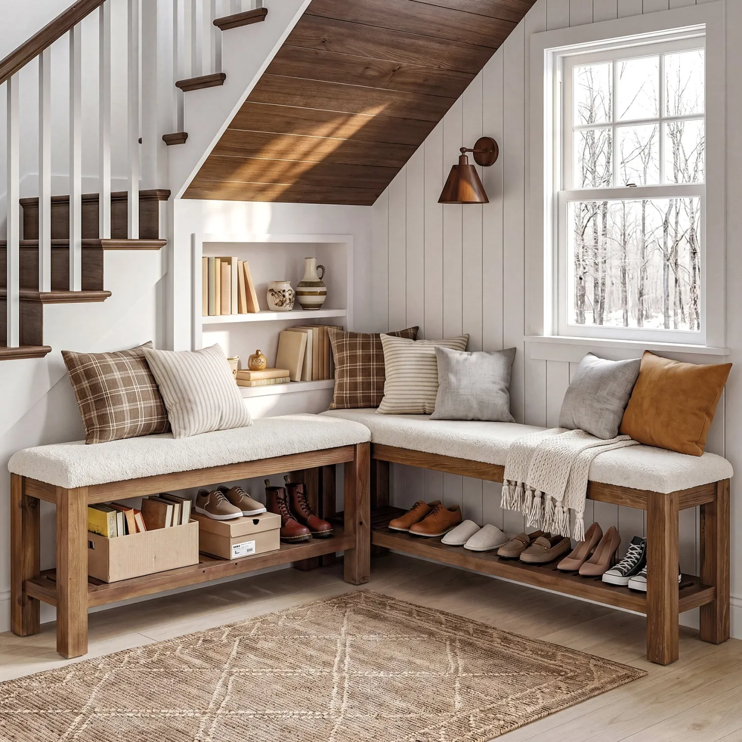 Solid Wood Entryway Bench Set, 55" L-Shaped Shoe Bench with Storage Shelf