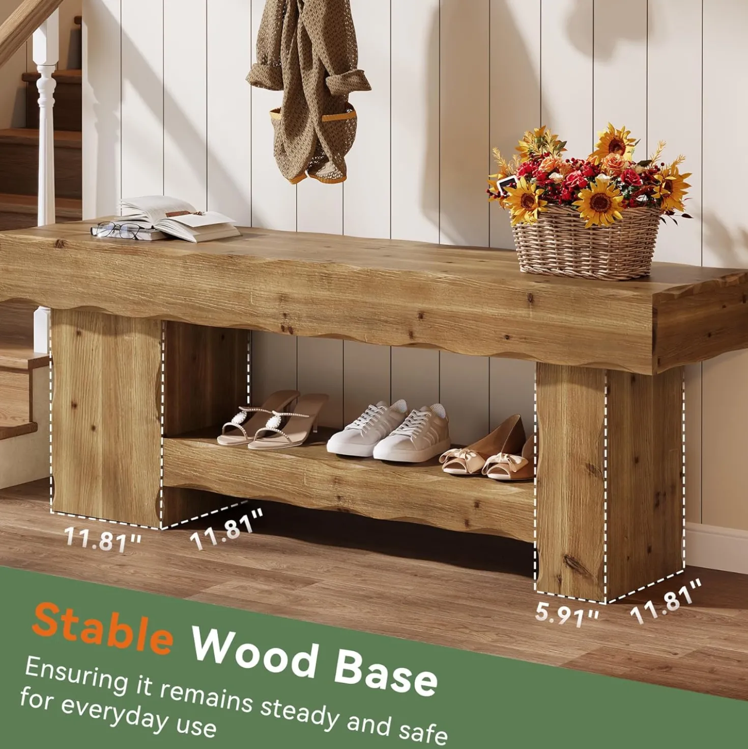 Solid Wood Entryway Shoe Bench, 63" End-of-Bed Bench with Storage Shelf