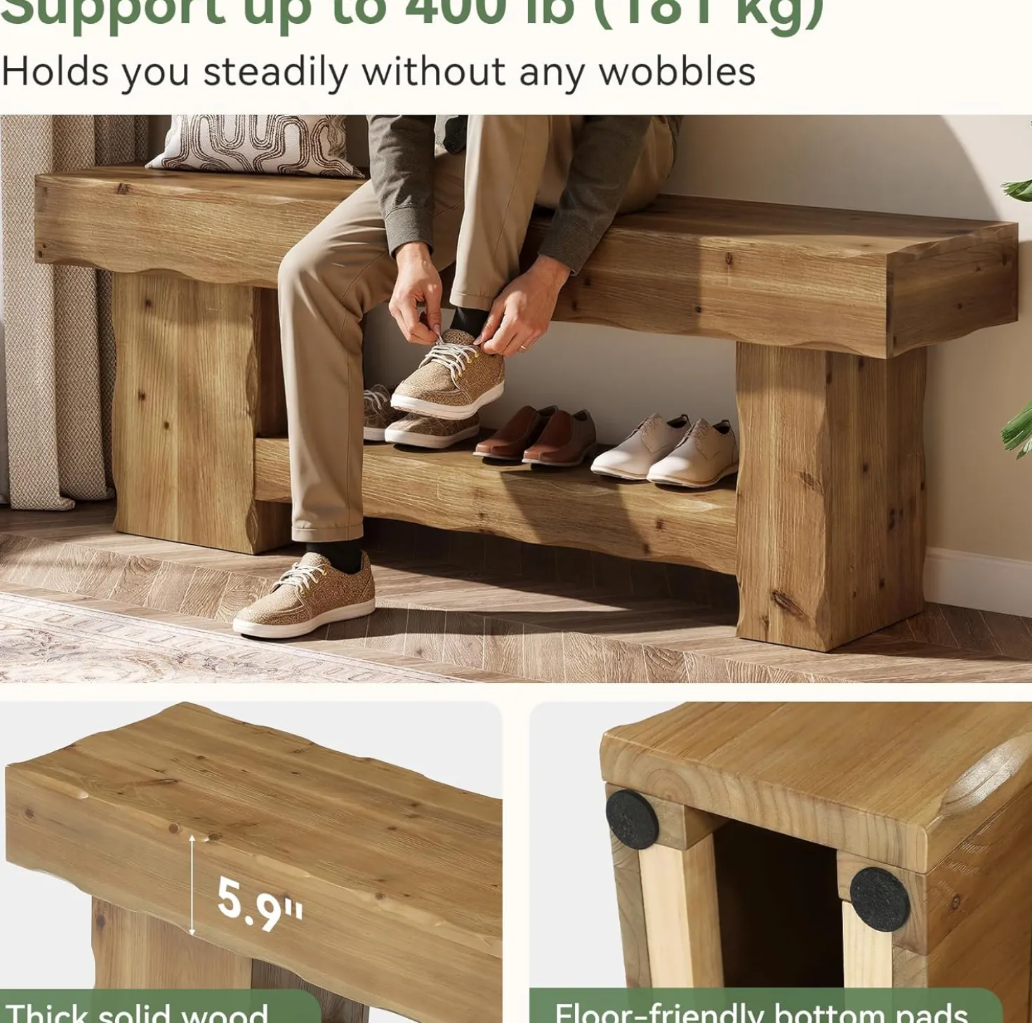 Solid Wood Entryway Shoe Bench, 63" End-of-Bed Bench with Storage Shelf