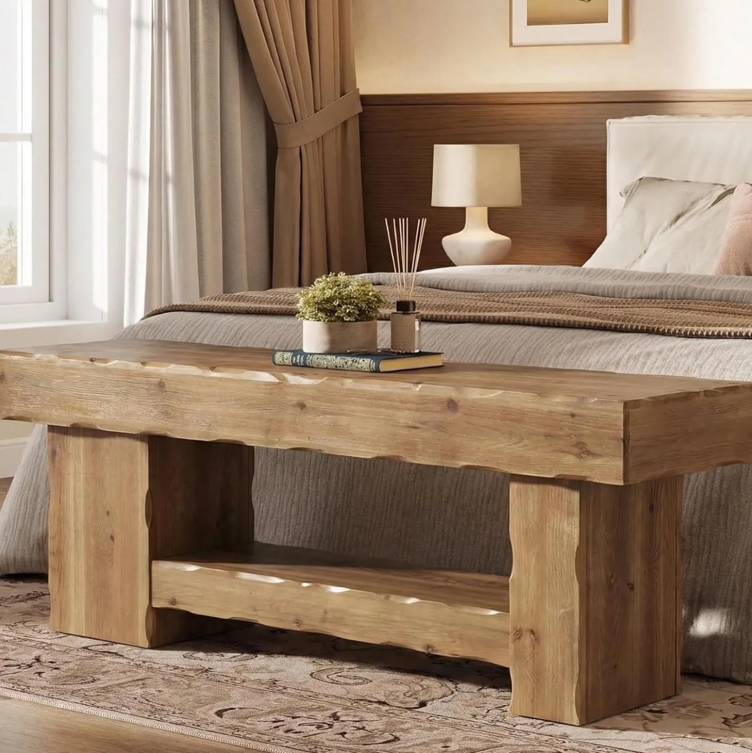 Solid Wood Entryway Shoe Bench, 63" End-of-Bed Bench with Storage Shelf