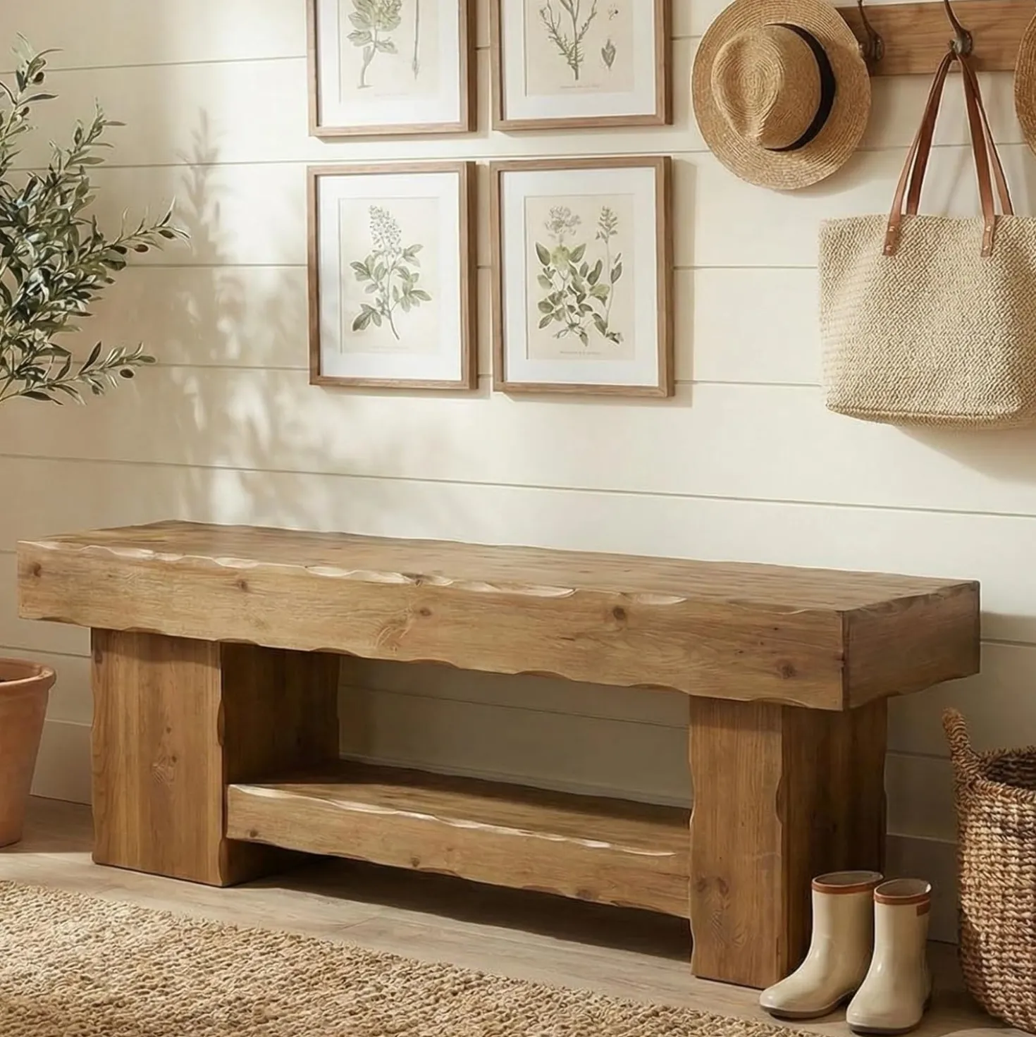 Solid Wood Entryway Shoe Bench, 63" End-of-Bed Bench with Storage Shelf
