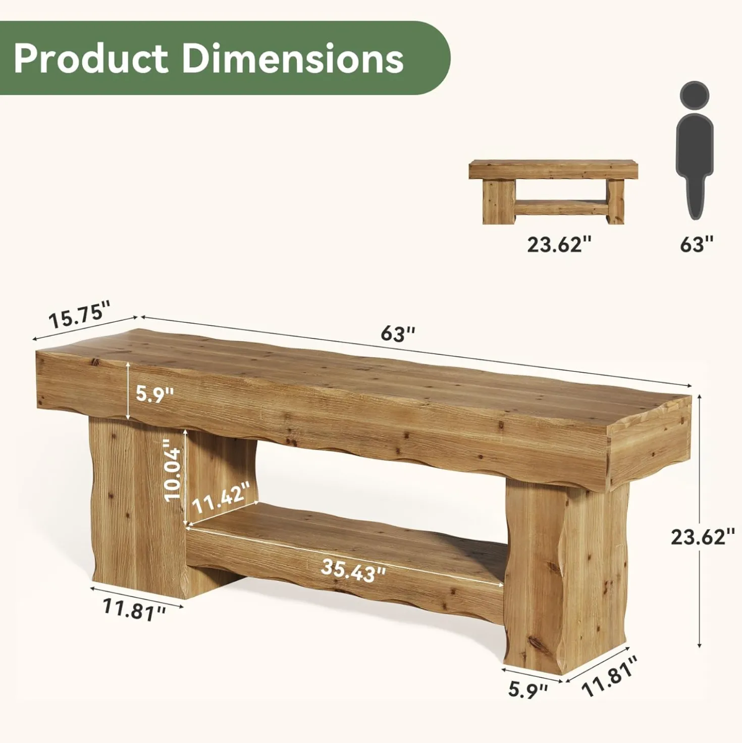 Solid Wood Entryway Shoe Bench, 63" End-of-Bed Bench with Storage Shelf
