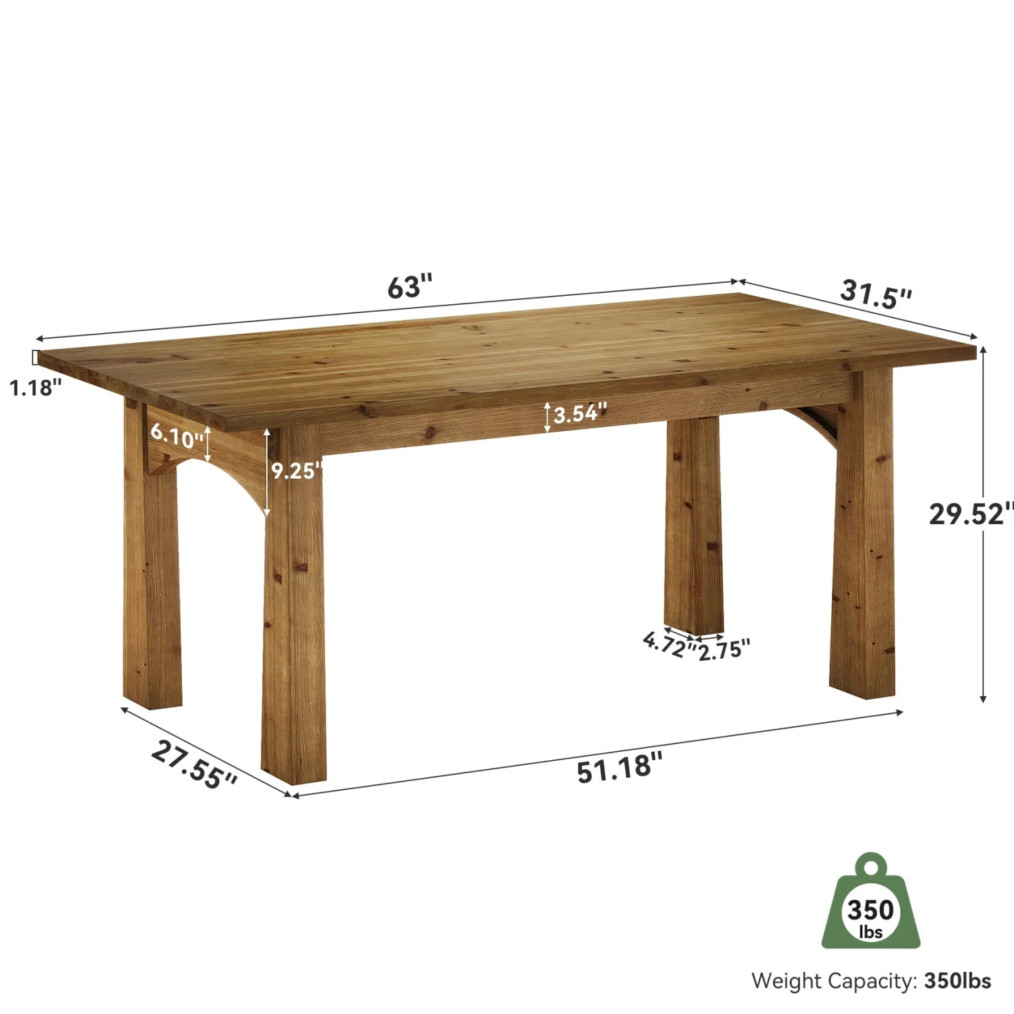 Solid Wood Executive Desk, 63" Computer Desk with Sturdy Wooden Legs