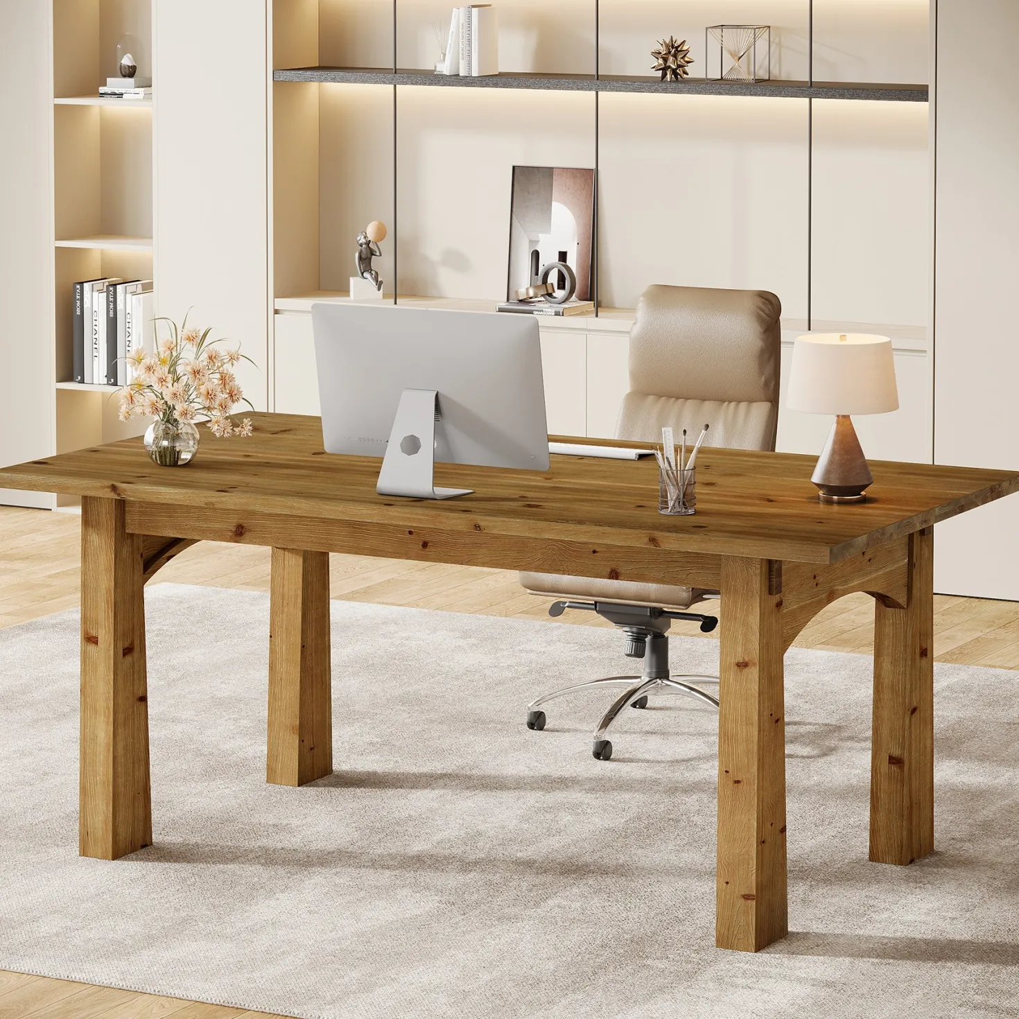 Solid Wood Executive Desk, 63" Computer Desk with Sturdy Wooden Legs