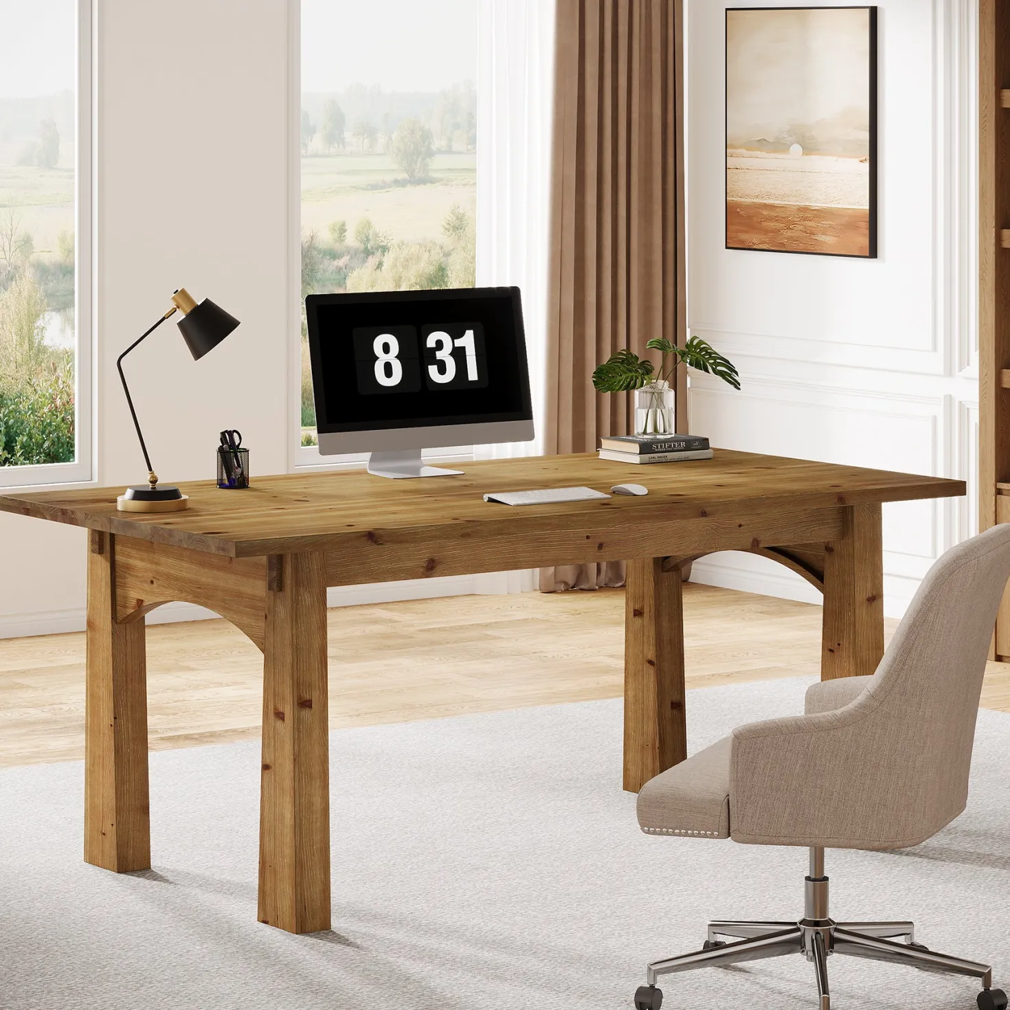 Solid Wood Executive Desk, 63" Computer Desk with Sturdy Wooden Legs
