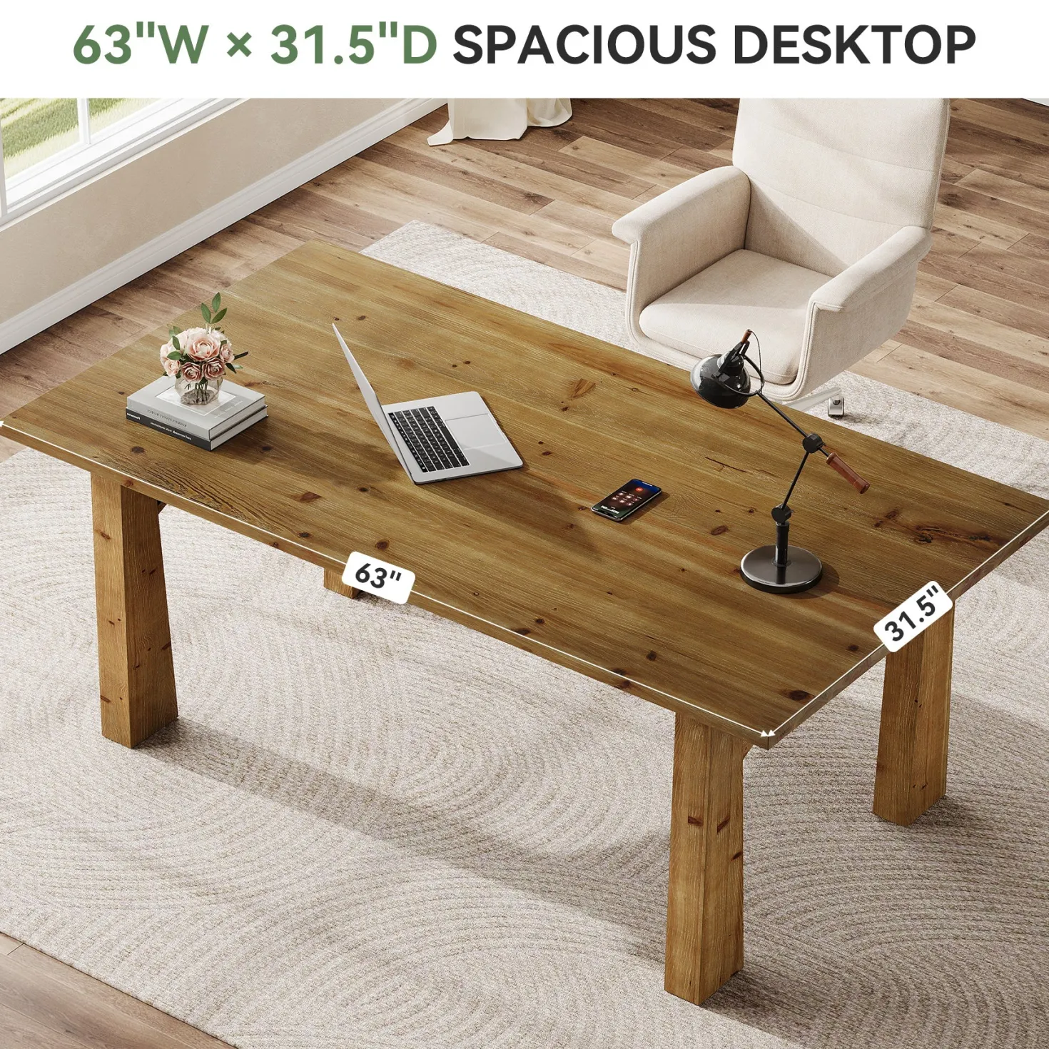 Solid Wood Executive Desk, 63" Computer Desk with Sturdy Wooden Legs