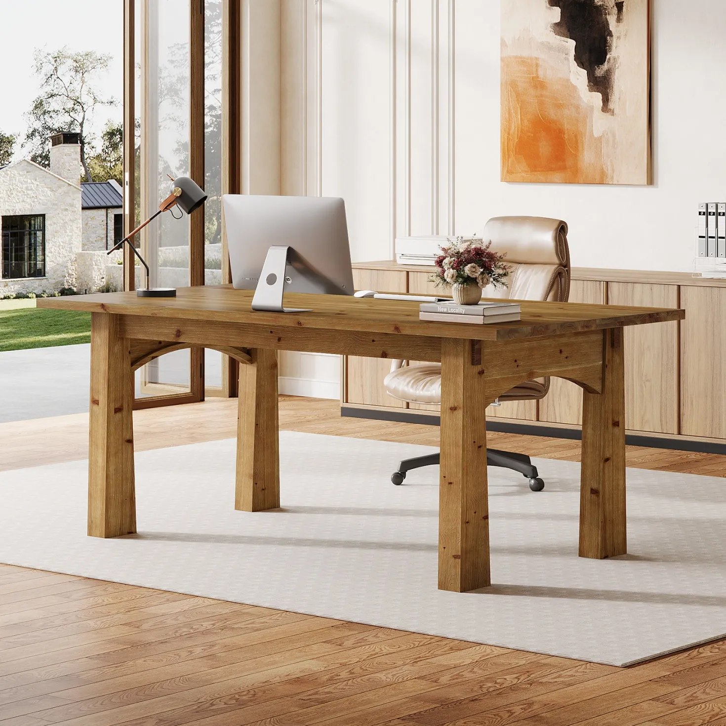 Solid Wood Executive Desk, 63" Computer Desk with Sturdy Wooden Legs