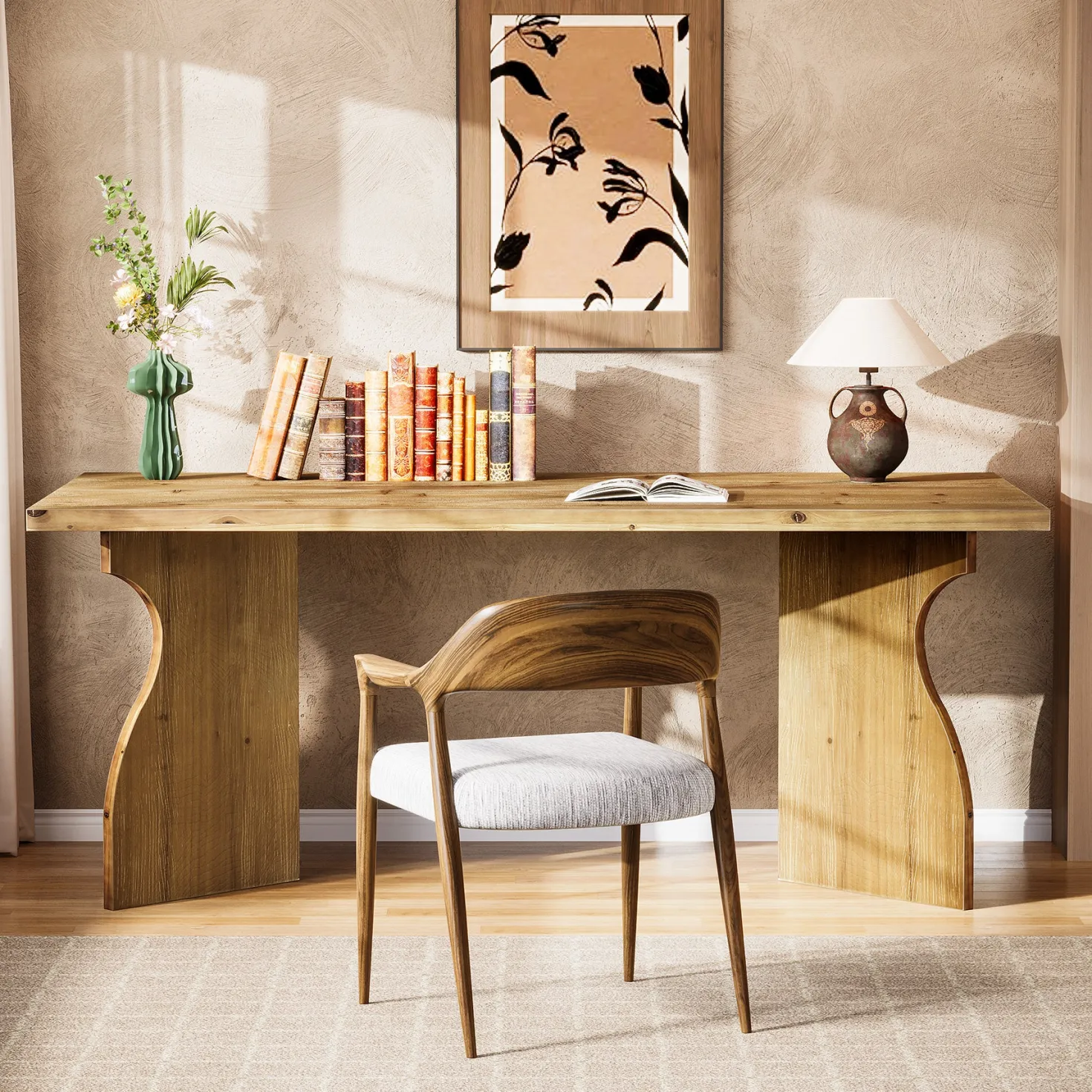Solid Wood Executive Desk, 63" Office Computer Desk with V-Shaped Legs