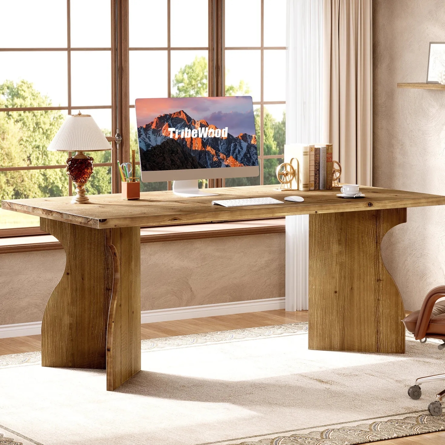 Solid Wood Executive Desk, 63" Office Computer Desk with V-Shaped Legs
