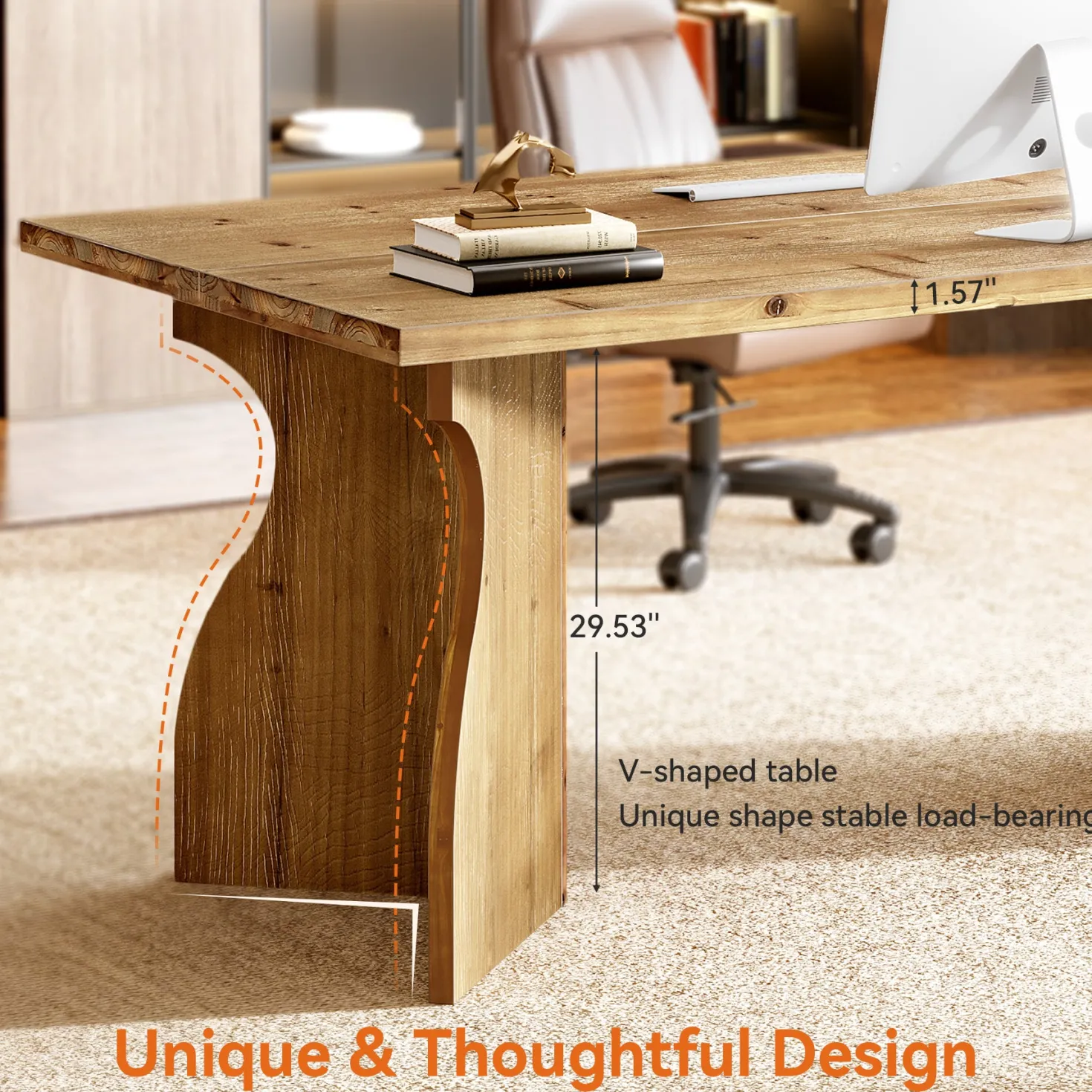 Solid Wood Executive Desk, 63" Office Computer Desk with V-Shaped Legs