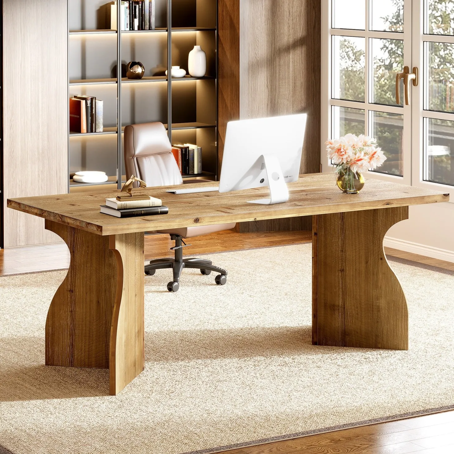 Solid Wood Executive Desk, 63" Office Computer Desk with V-Shaped Legs