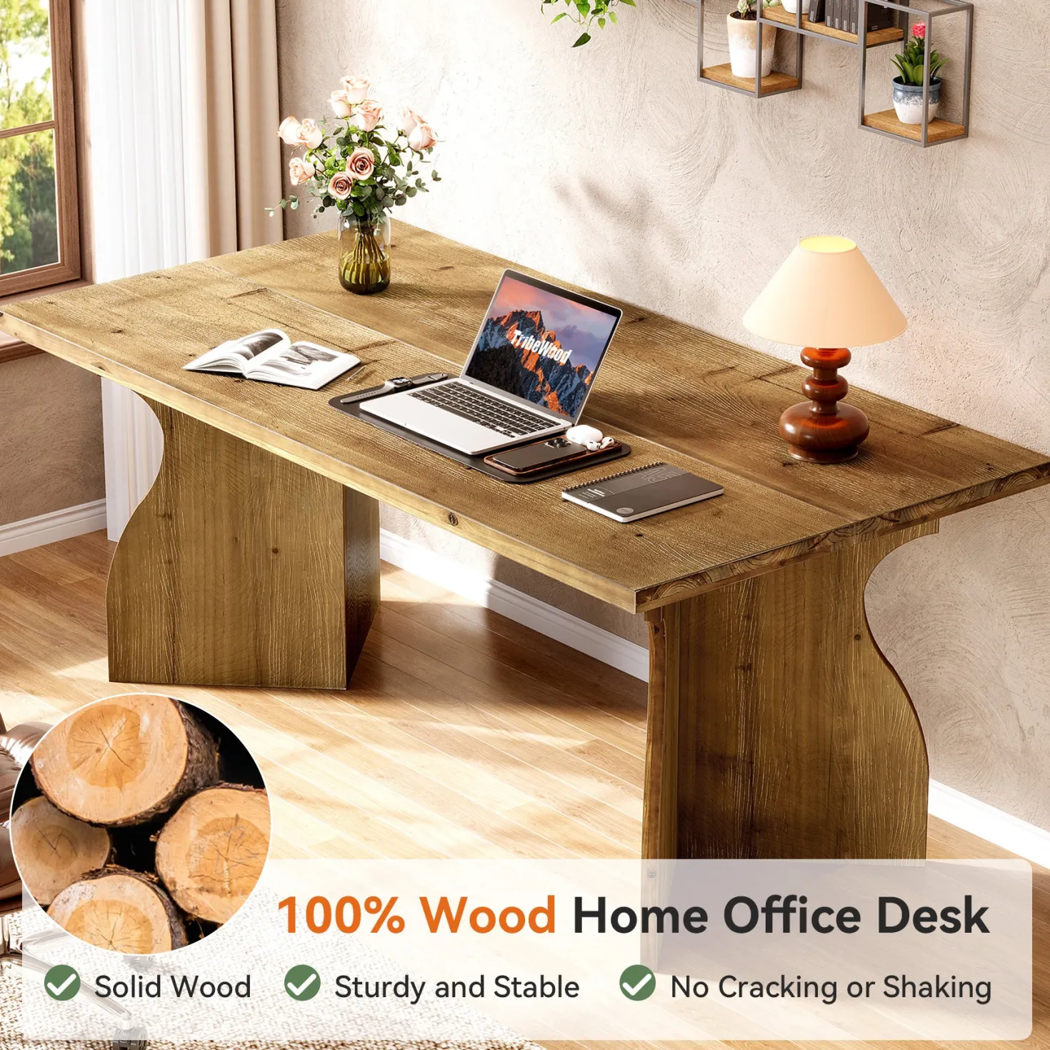 Solid Wood Executive Desk, 63" Office Computer Desk with V-Shaped Legs