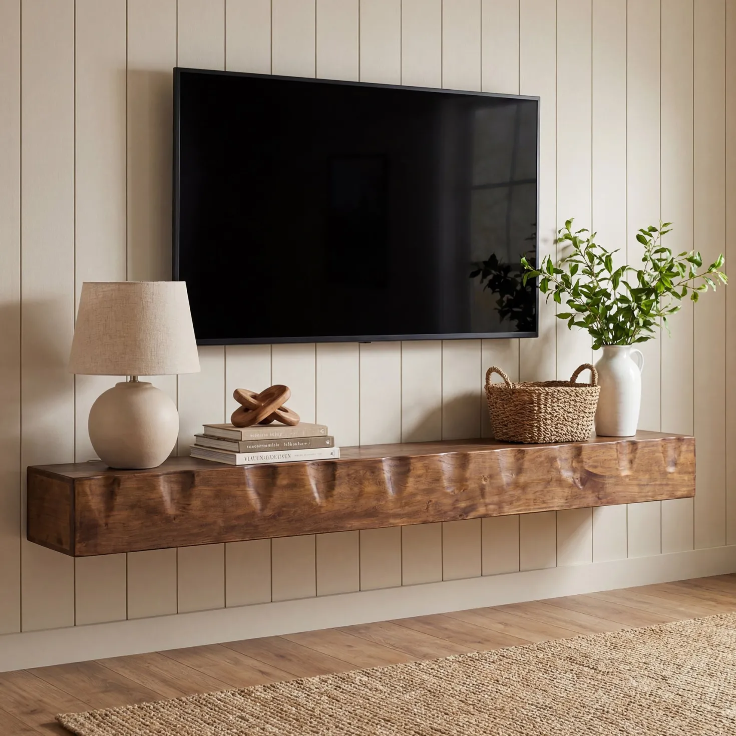 Solid Wood Floating TV Stand, 63" Wall Media Shelf for TVs Up to 75"
