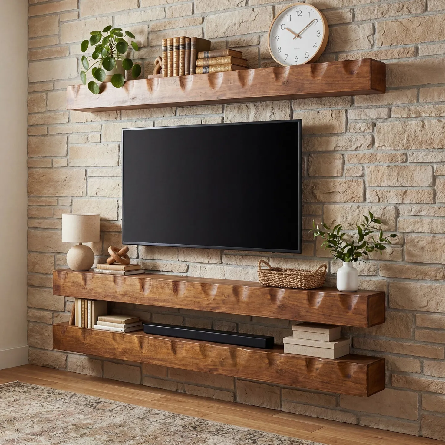 Solid Wood Floating TV Stand, 63" Wall Media Shelf for TVs Up to 75"