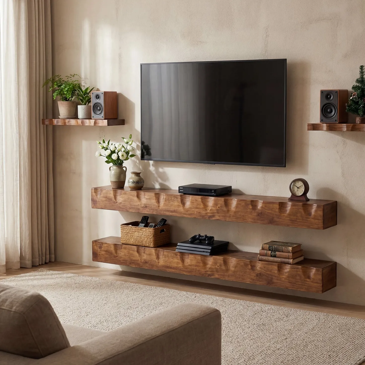 Solid Wood Floating TV Stand, 63" Wall Media Shelf for TVs Up to 75"