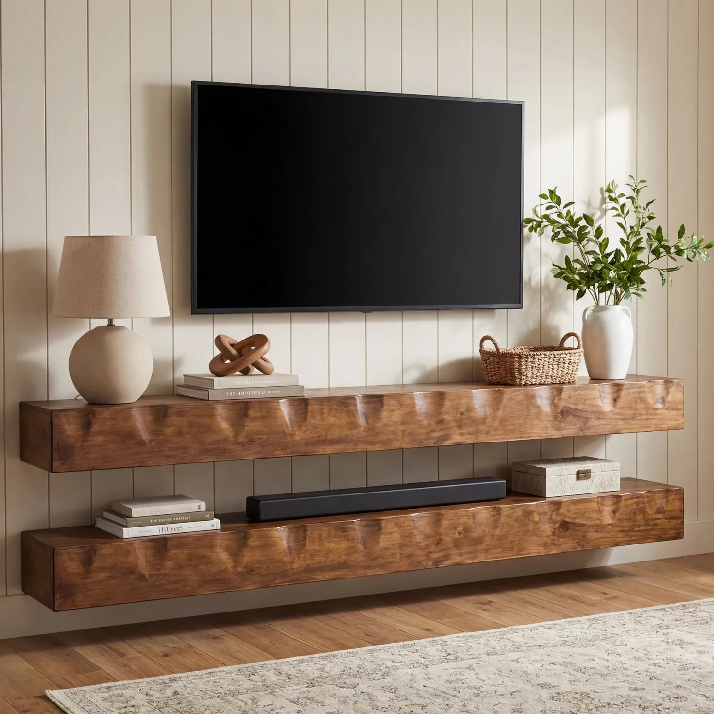 Solid Wood Floating TV Stand, 63" Wall Media Shelf for TVs Up to 75"