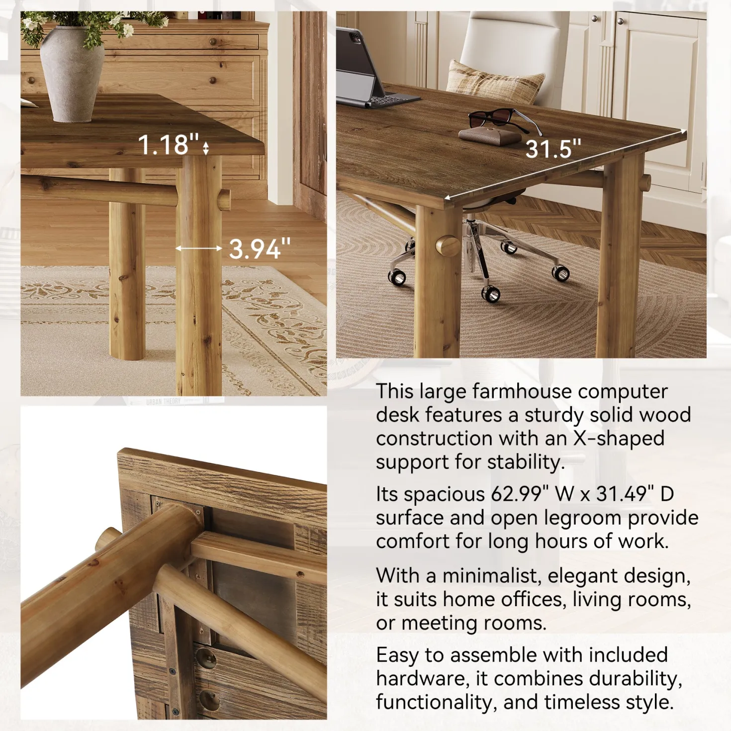 Solid Wood Home Office Desk, 63" Farmhouse Executive Computer Desk