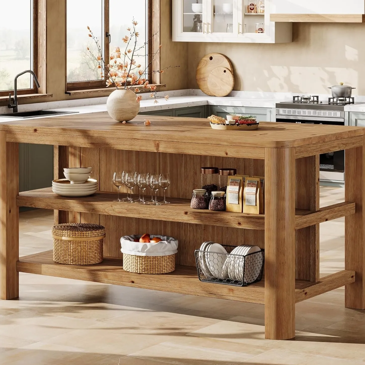 Solid Wood Kitchen Island, 63" Farmhouse Island Table with Storage Shelves