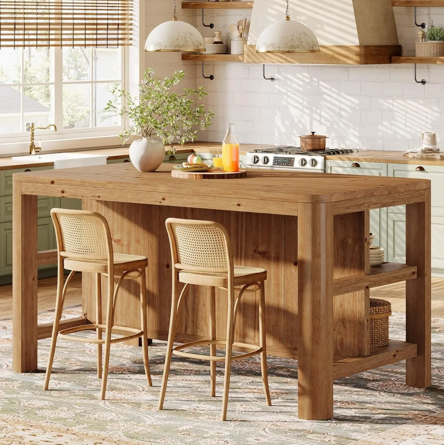 Solid Wood Kitchen Island, 63" Farmhouse Island Table with Storage Shelves