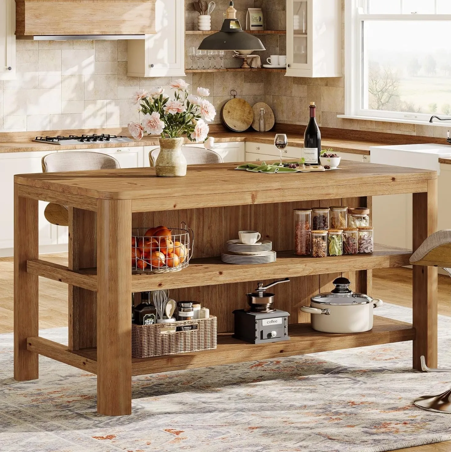 Solid Wood Kitchen Island, 63" Farmhouse Island Table with Storage Shelves