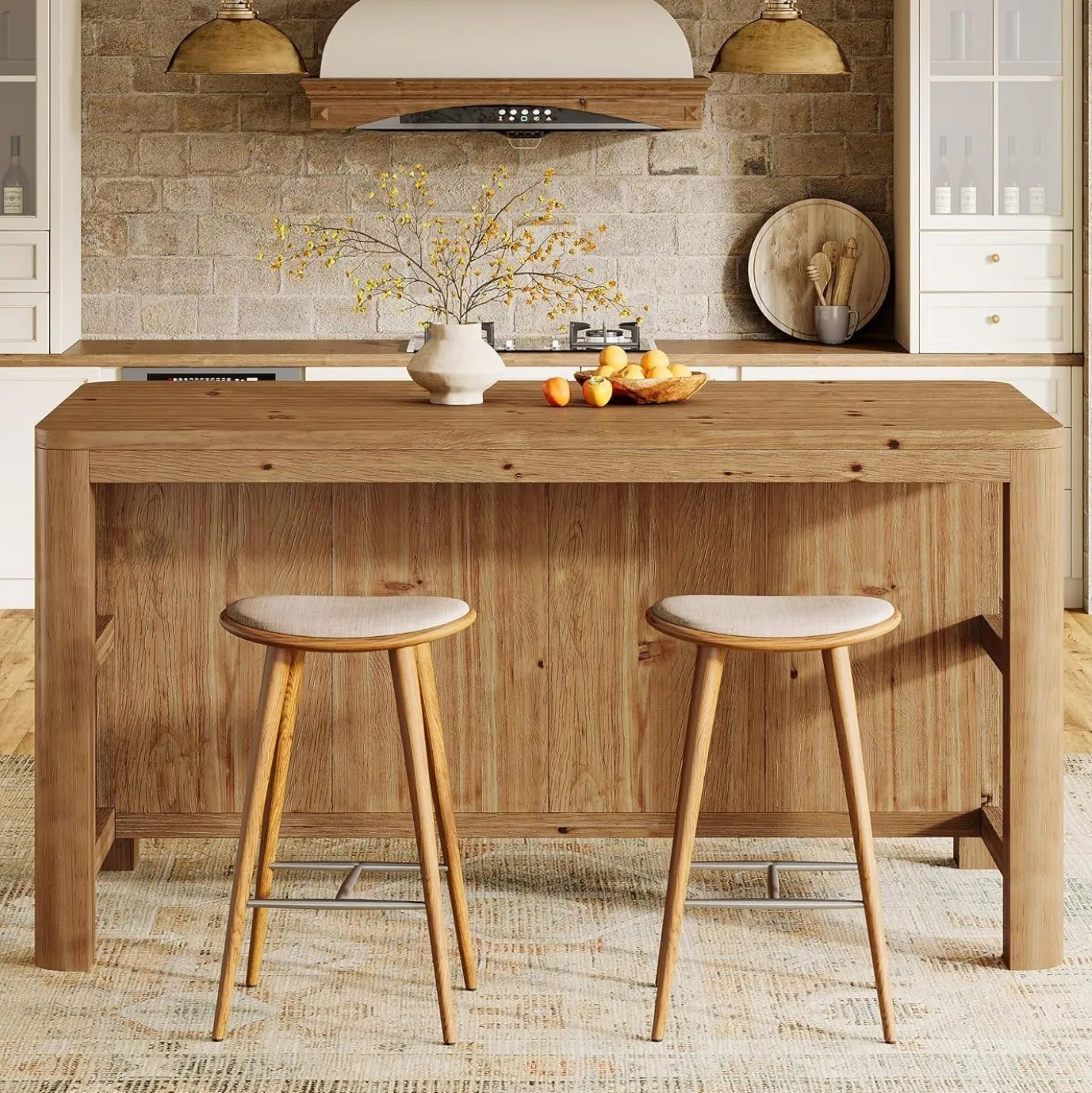 Solid Wood Kitchen Island, 63" Farmhouse Island Table with Storage Shelves