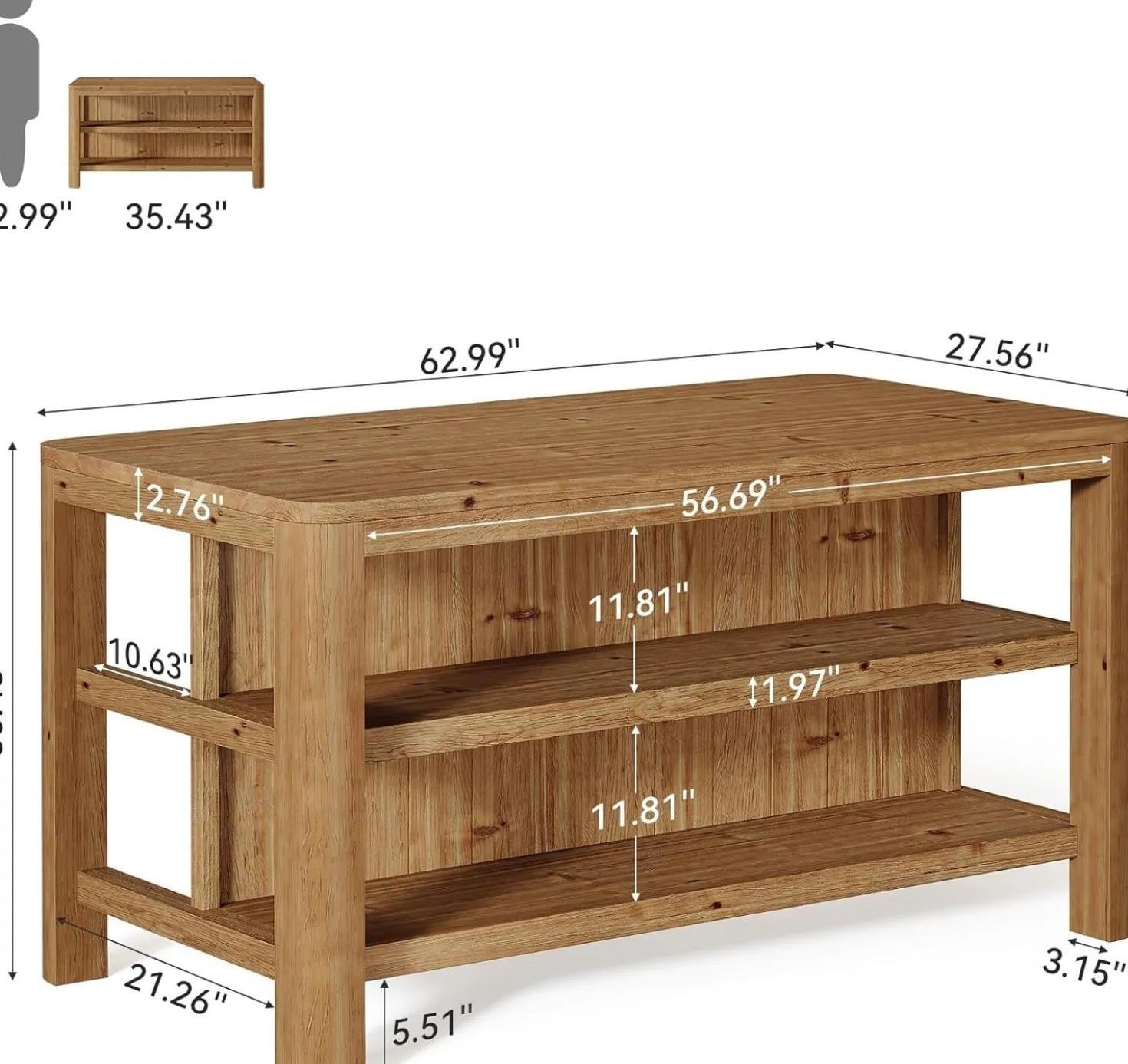 Solid Wood Kitchen Island, 63" Farmhouse Island Table with Storage Shelves