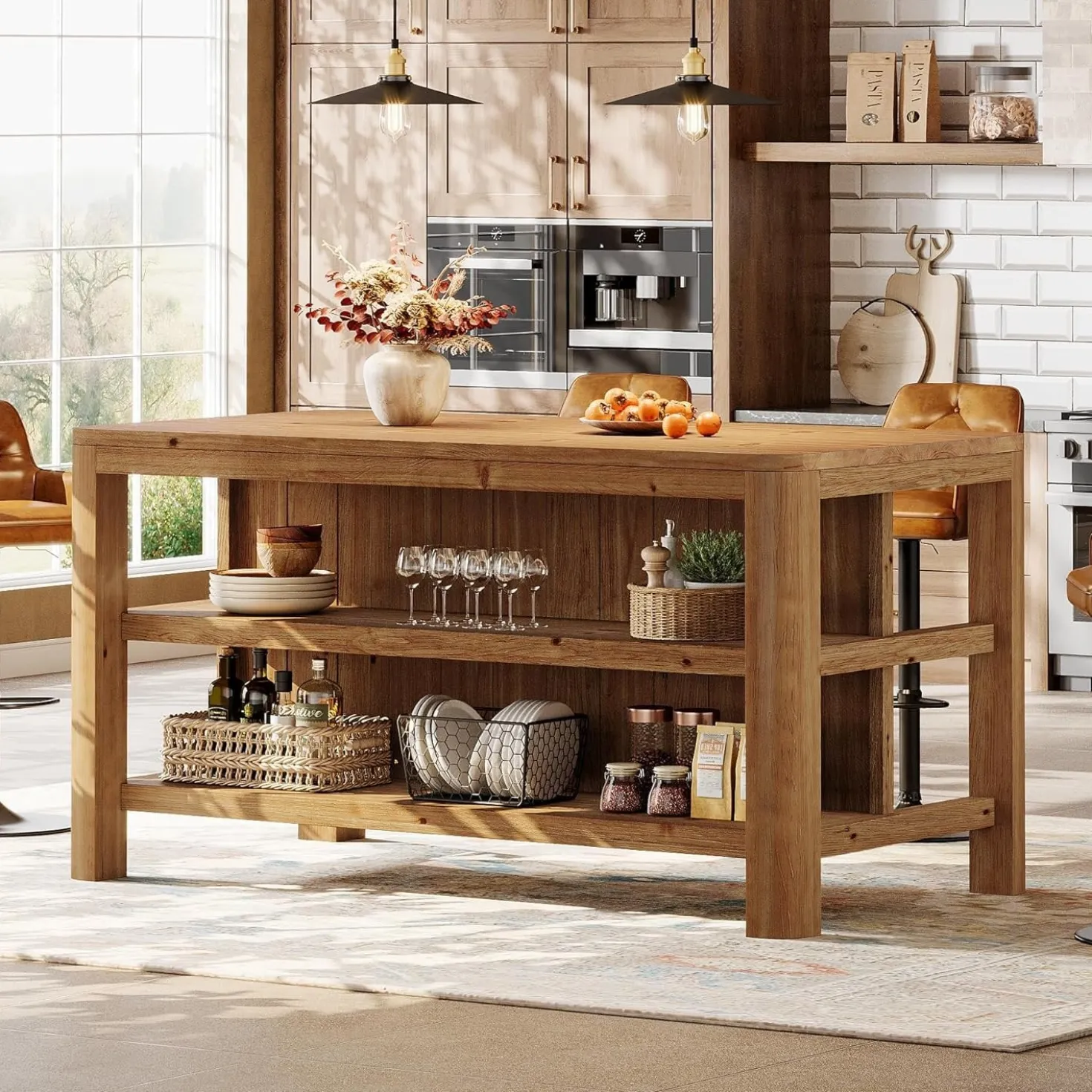 Solid Wood Kitchen Island, 63" Farmhouse Island Table with Storage Shelves