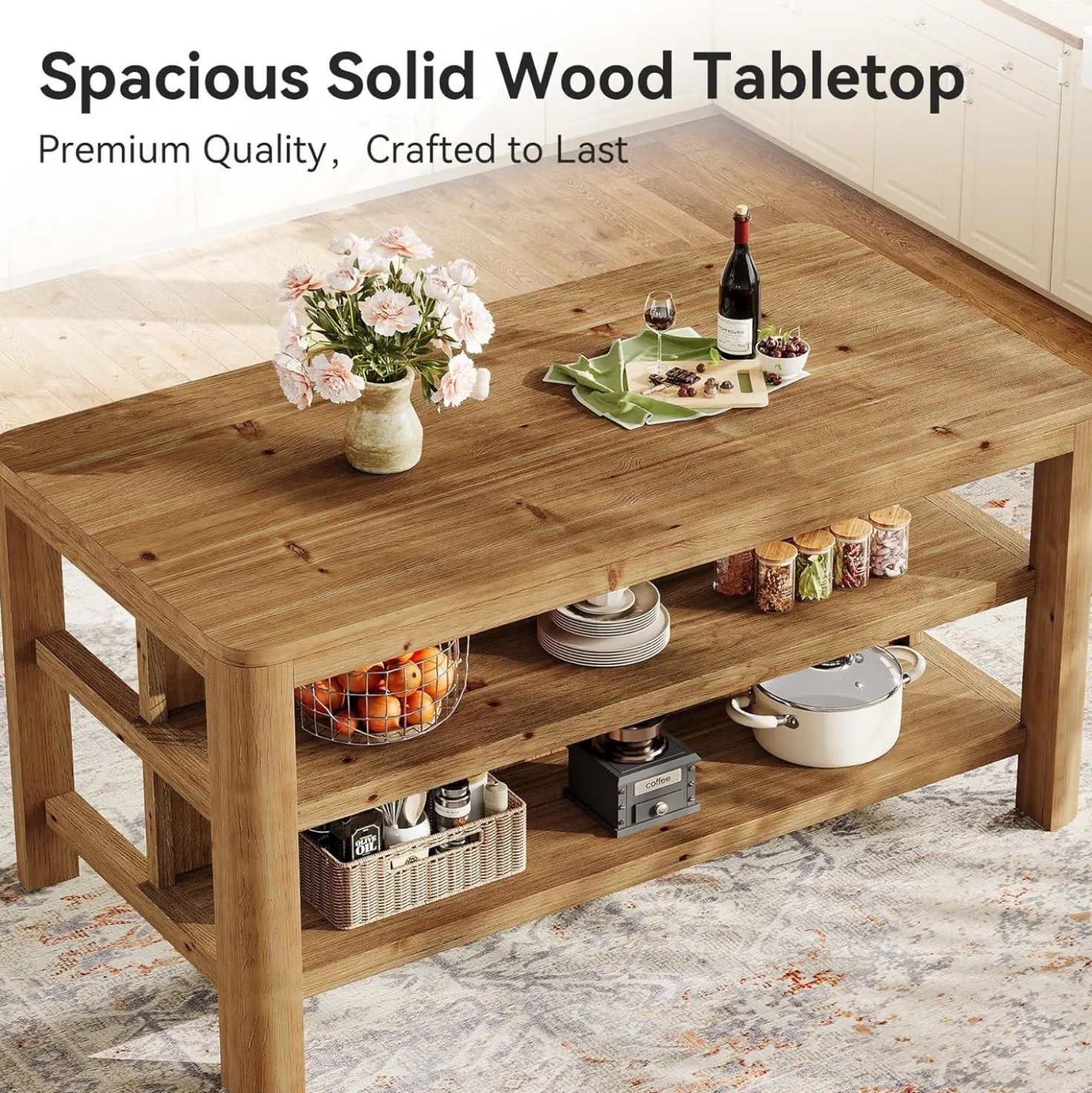 Solid Wood Kitchen Island, 63" Farmhouse Island Table with Storage Shelves
