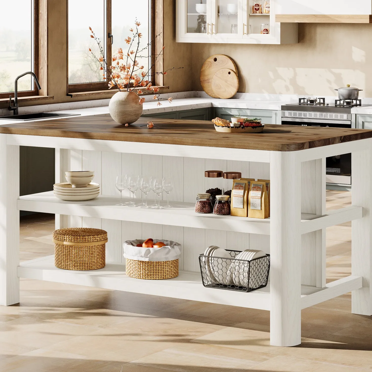 Solid Wood Kitchen Island, 63" Farmhouse Island Table with Storage Shelves