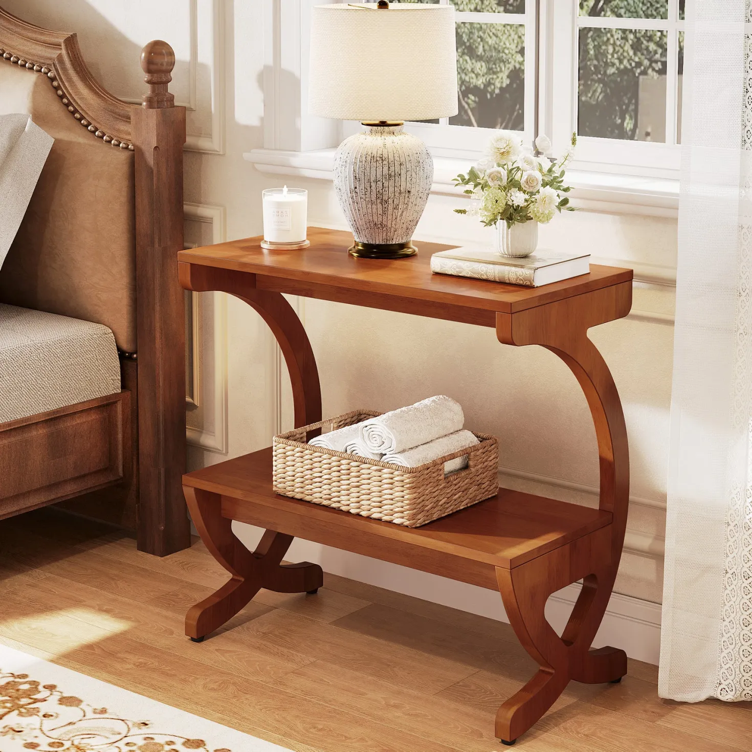 Solid Wood Nightstand, 23.62" Bedside Table with 2-Tier Storage Shelf