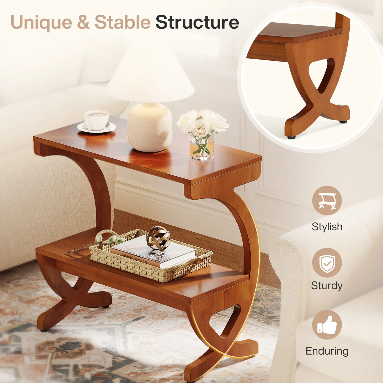 Solid Wood Nightstand, 23.62" Bedside Table with 2-Tier Storage Shelf