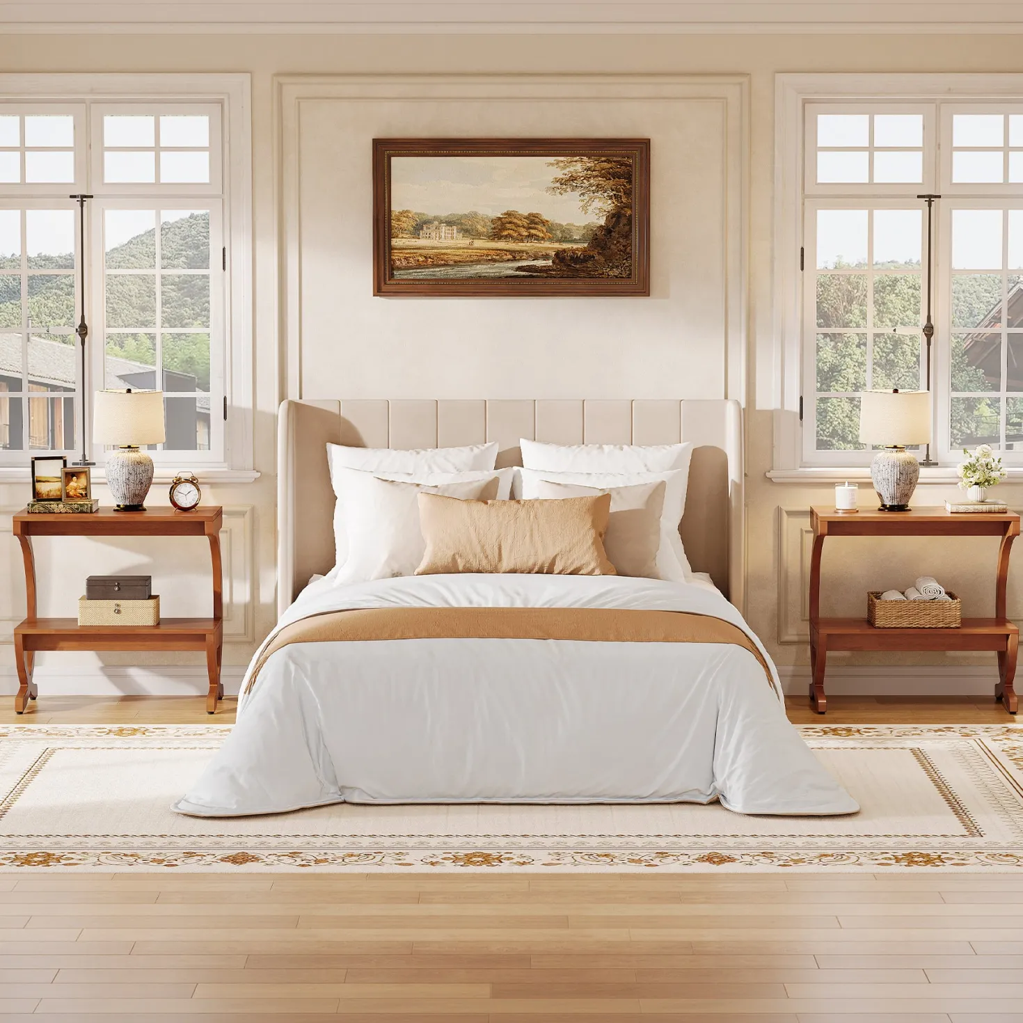 Solid Wood Nightstand, 23.62" Bedside Table with 2-Tier Storage Shelf