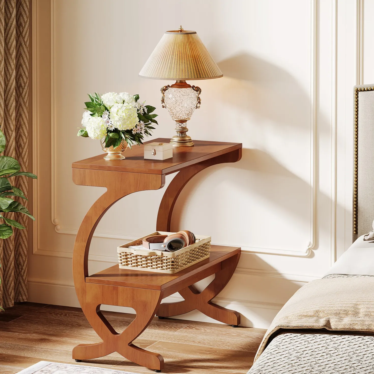Solid Wood Nightstand, 23.62" Bedside Table with 2-Tier Storage Shelf
