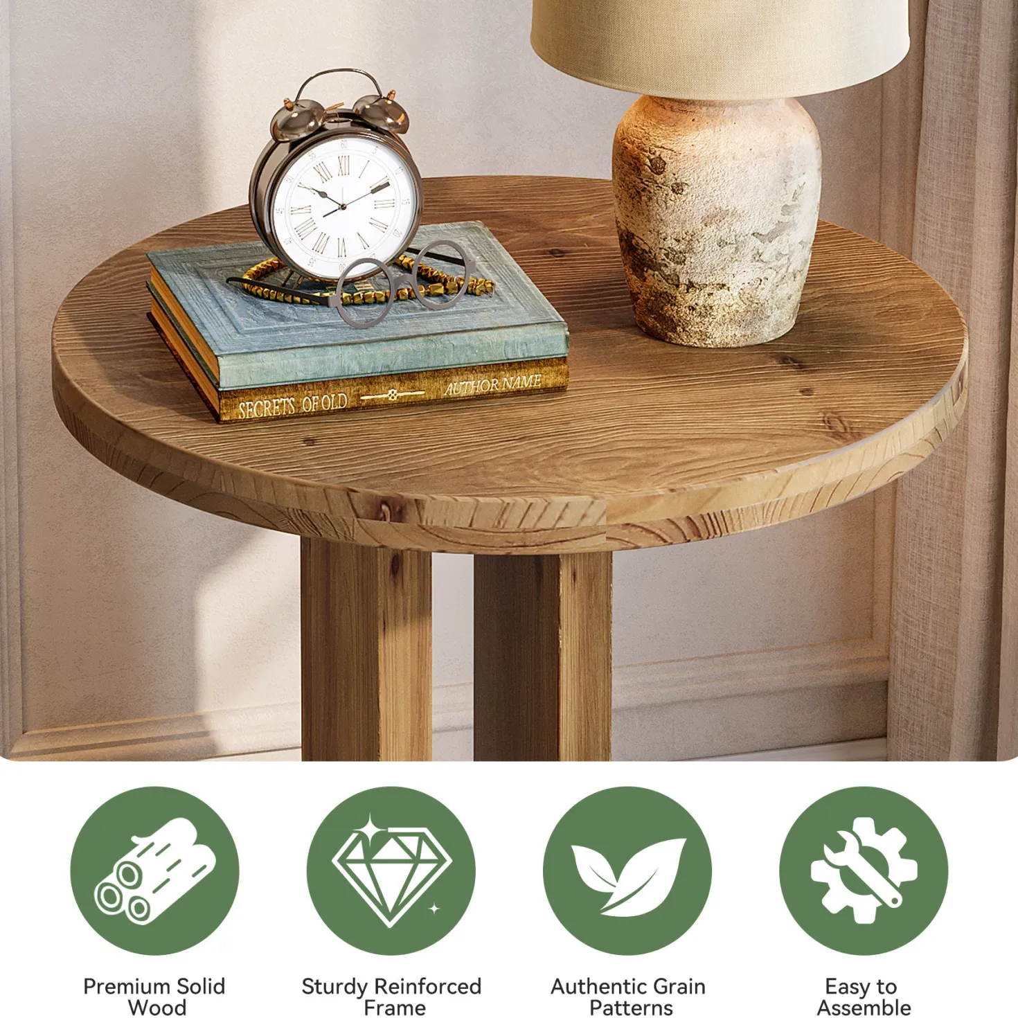 Solid Wood Nightstand, 19.68"C-Shaped Bedside Table with Storage
