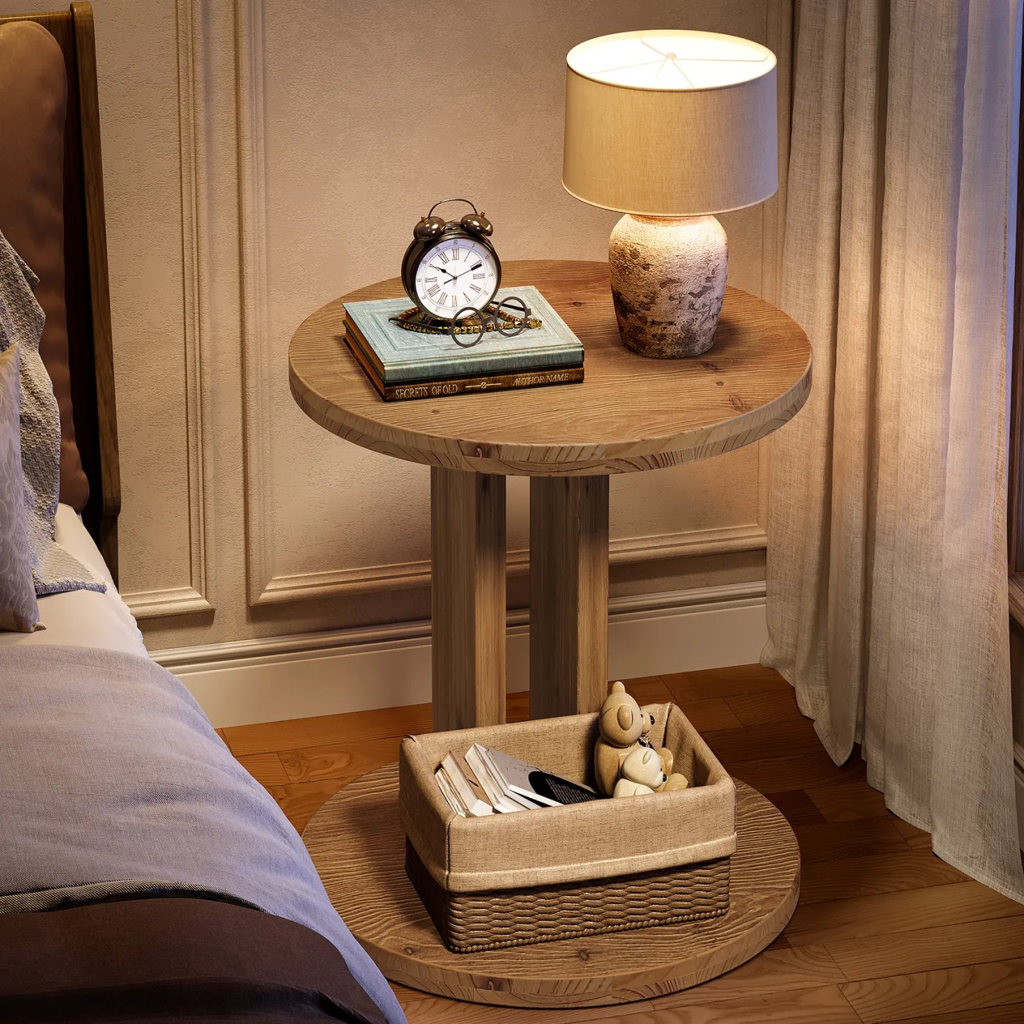 Solid Wood Nightstand, 19.68"C-Shaped Bedside Table with Storage