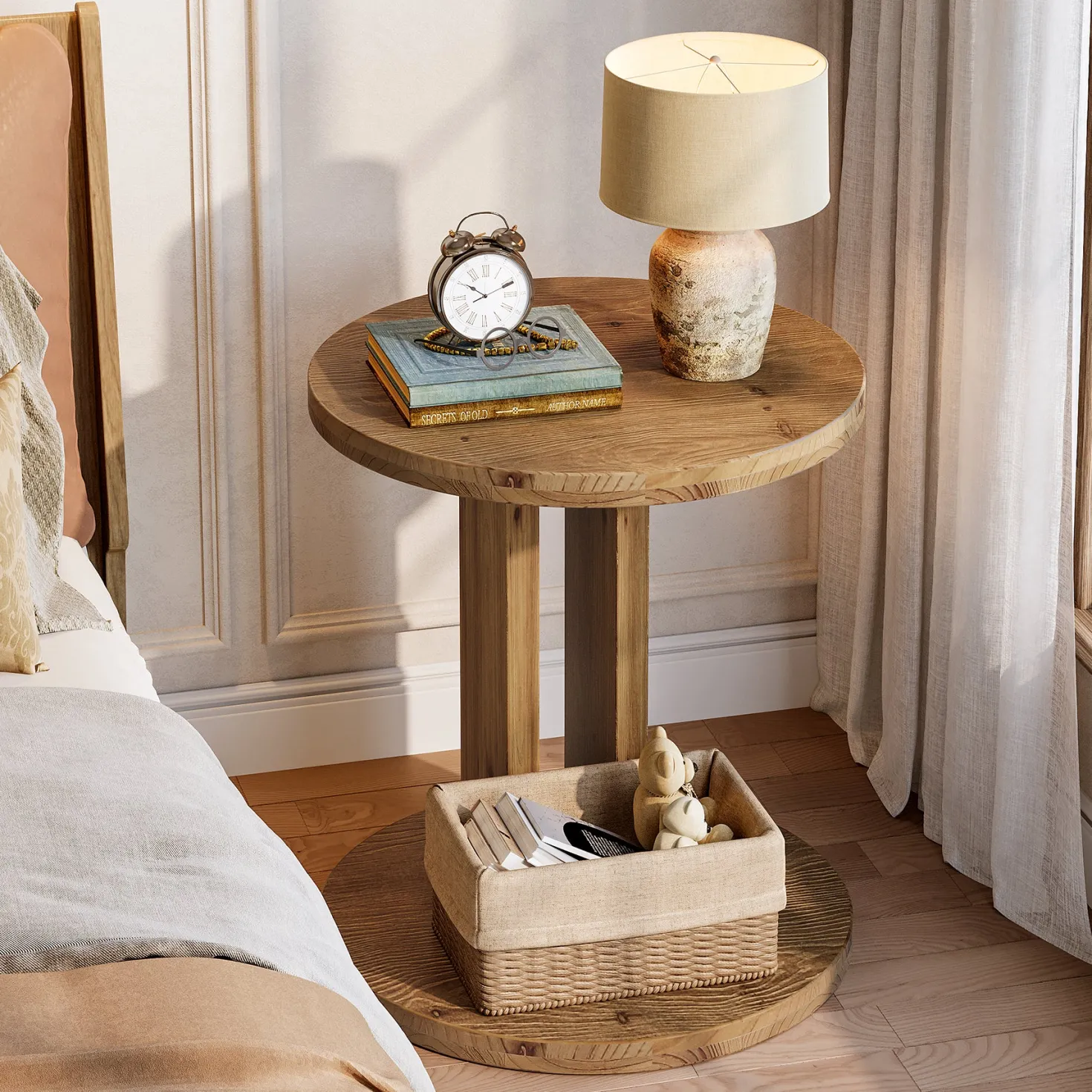 Solid Wood Nightstand, 19.68"C-Shaped Bedside Table with Storage