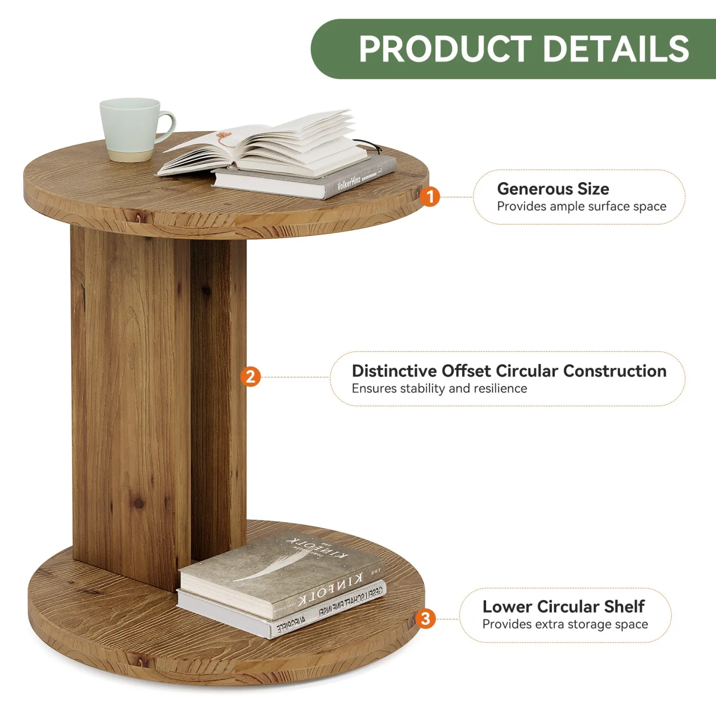 Solid Wood Nightstand, 19.68"C-Shaped Bedside Table with Storage