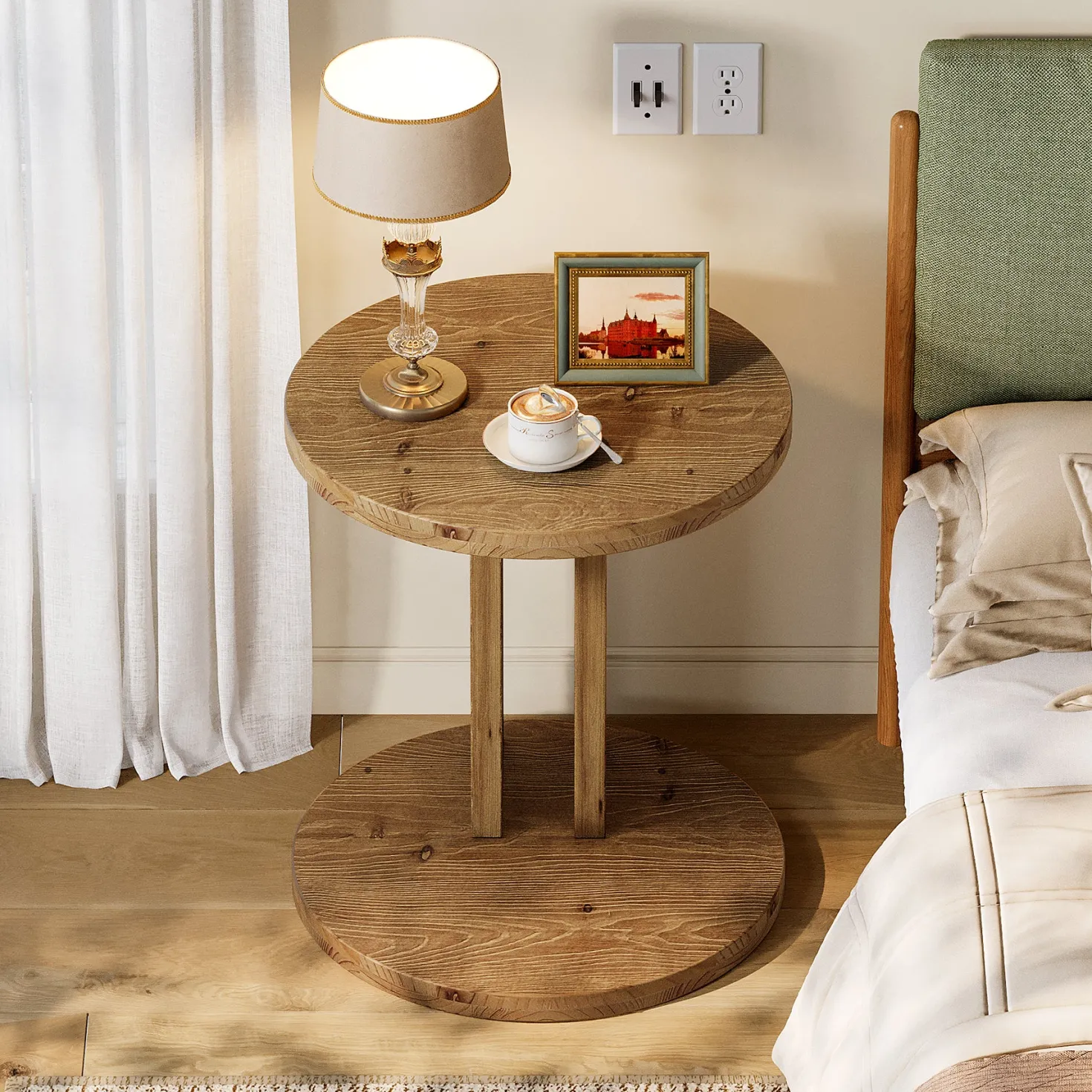 Solid Wood Nightstand, 19.68"C-Shaped Bedside Table with Storage