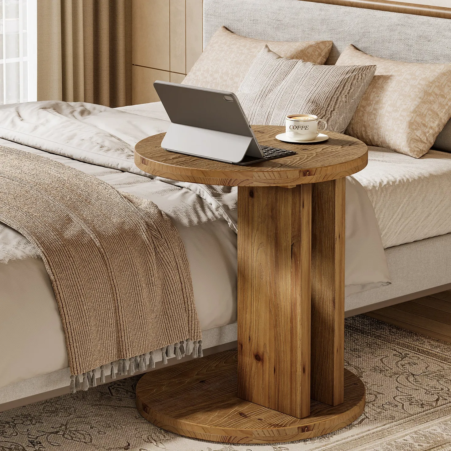 Solid Wood Nightstand, 19.68"C-Shaped Bedside Table with Storage
