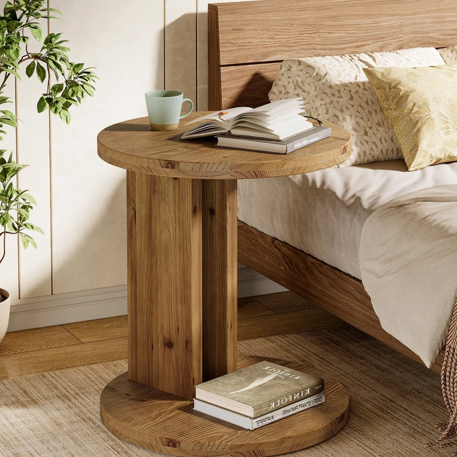 Solid Wood Nightstand, 19.68"C-Shaped Bedside Table with Storage