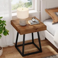 Solid Wood Nightstand, Industrial Square Bedside Table with Metal Frame