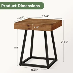 Solid Wood Nightstand, Industrial Square Bedside Table with Metal Frame
